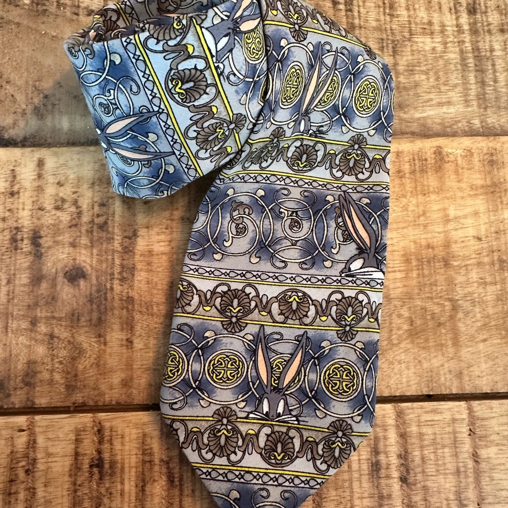 Silk Patterned Blue Men's Tie Looney Tunes Bugs Bunny with Subtle Yellow Accents